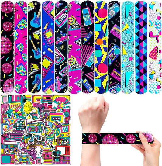 CZWXOXO 74Pcs 80s Theme Party Favors Contain 24 Pcs 80s Theme Slap Bracelets 50Pcs 80s Theme Stickers, Retro Birthday Party Decorations,Classroom Rewards Supplies.