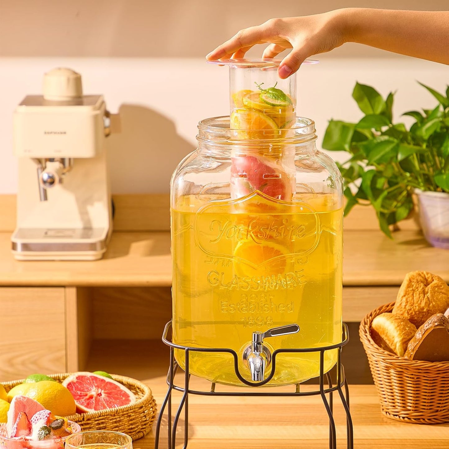 1 Gallon Glass Drink Dispensers for Parties, 2PACK Beverage Dispenser with Stand, Fruit Infuser and Stainless Steel Spigot 100% Leakproof, Beverage Dispenser for Lemonade Sun Tea