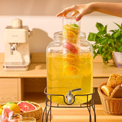 1 Gallon Glass Drink Dispensers for Parties, 2PACK Beverage Dispenser with Stand, Fruit Infuser and Stainless Steel Spigot 100% Leakproof, Beverage Dispenser for Lemonade Sun Tea
