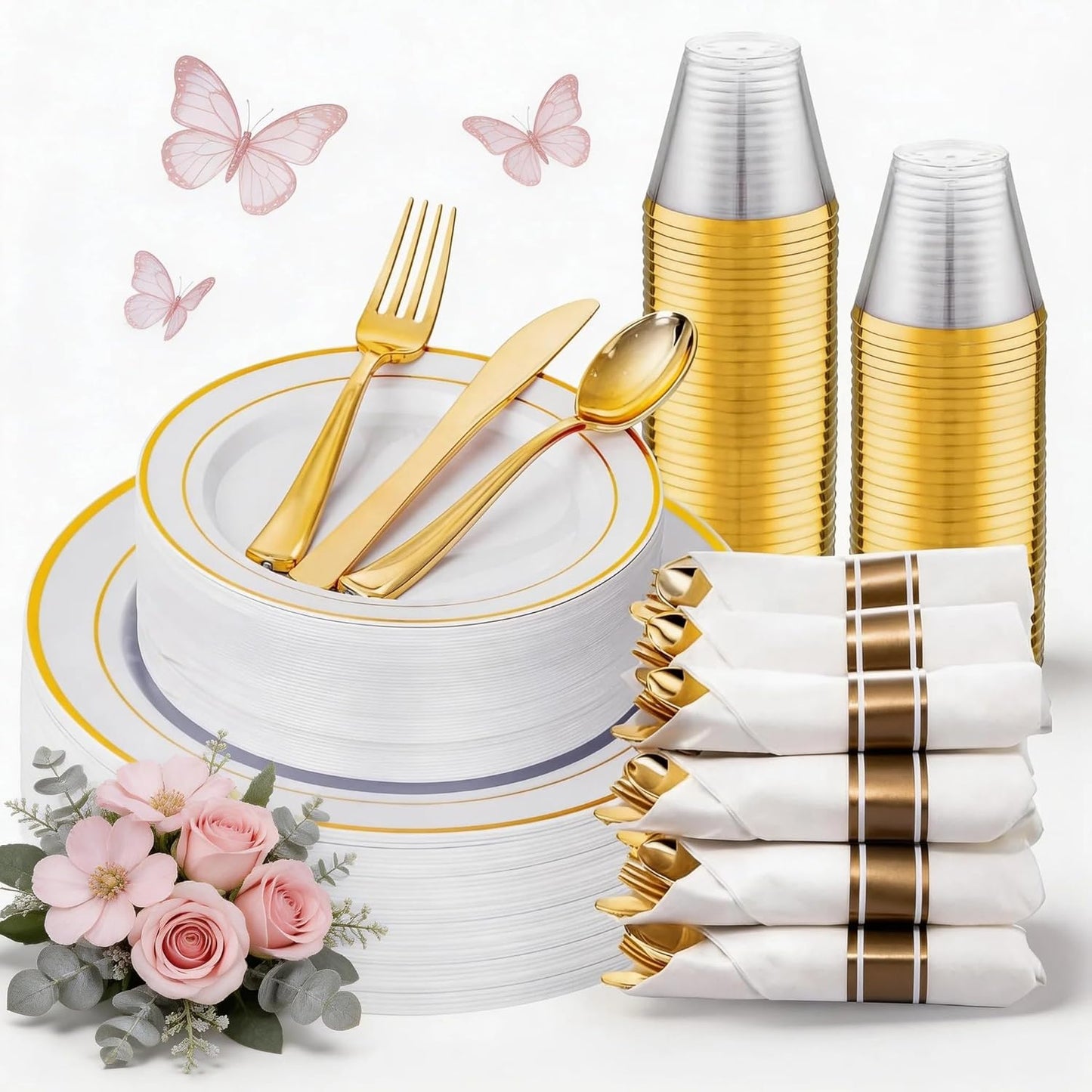 350 Pieces Black and Gold Plastic Plates with Disposable Silverware, Include 50 Dinner Plates 9”, 50 Dessert Plates 6.3”, 50 Black Cups 9 OZ, 50 Pre Rolled Napkins for Wedding Party Graduation