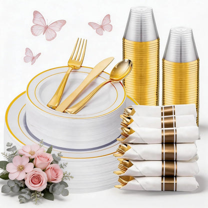350 Pieces Black and Gold Plastic Plates with Disposable Silverware, Include 50 Dinner Plates 9”, 50 Dessert Plates 6.3”, 50 Black Cups 9 OZ, 50 Pre Rolled Napkins for Wedding Party Graduation