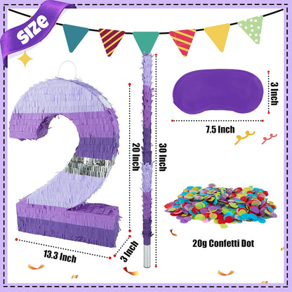 PCFING 20 Inch Number 1 Piñata Purple Silver with 30 Inch Piñata Stick Blindfold Confetti for Boy Girl Kids Birthday Party Decorations, Anniversary Celebration, Fiesta