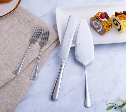 Wedding Cake Knife and Server Set with Forks, Engraved Cake Cutting Set for Wedding Anniversary Christmas Engagement（Gold