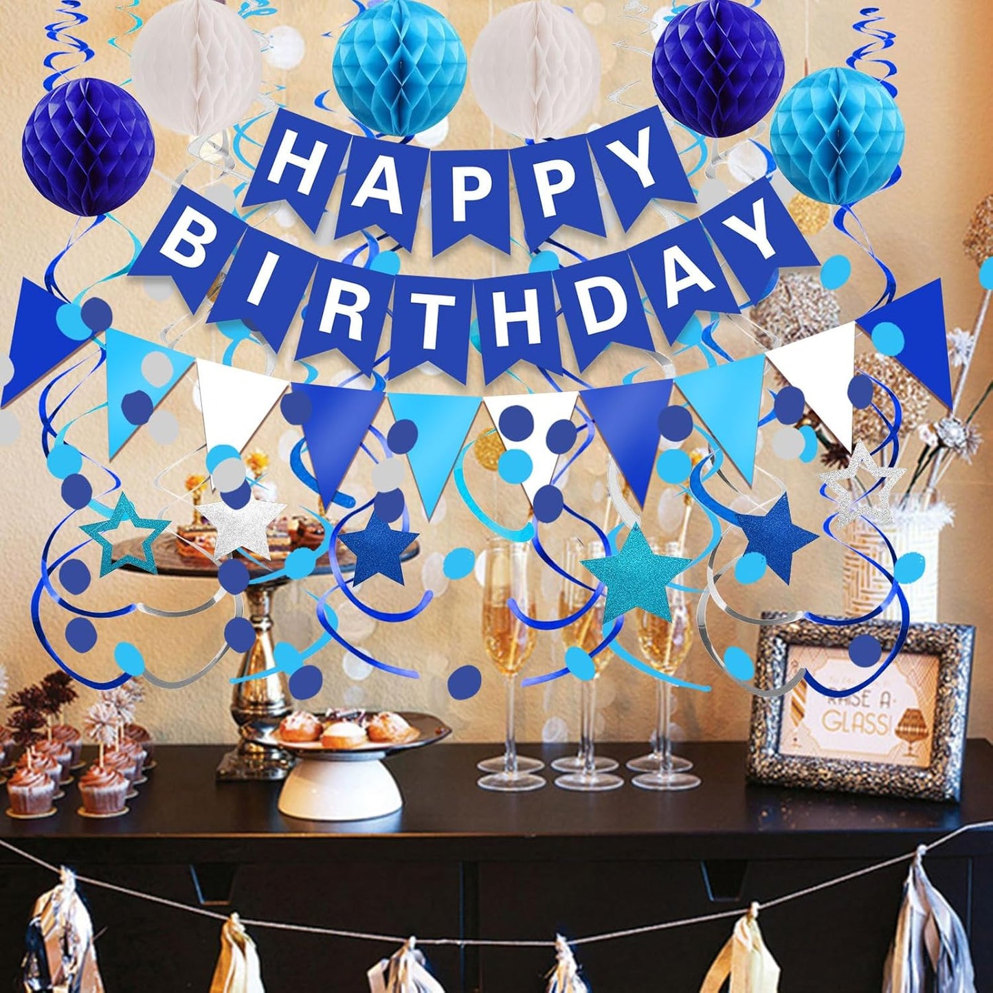 Fecedy Happy Birthday Banner With Colorful Paper Flag Bunting Paper Circle Confetti Garland Swirl Streamers Honeycomb ball for Birthday Party Decorations