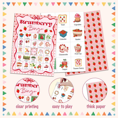 Strawberry Bingo Game, Summer Berry Party Bingo Cards for Adults, Strawberry Parties Supplies, Fruit Themed Birthday Party Favors for 24 Players, 06