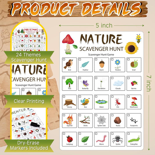Hoolerry 12 Pcs Scavenger Hunt for Kids 24 Themed Scavenger Hunt Cards Nature Camping Road Trip Vehicle Birthday Valentines Game Outdoor Indoor Seek Activity for Kids Adults