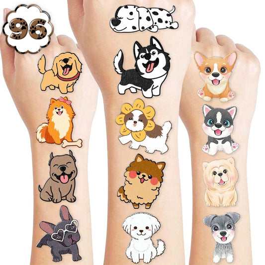 96PCS Cute Dog Party Temporary Tattoos for Kids – Pre-Cut, Waterproof & Skin-Safe Puppy Stickers | Walking Amimal Pet Theme Birthday Supplies, Party Favors, Decorations (Normal)