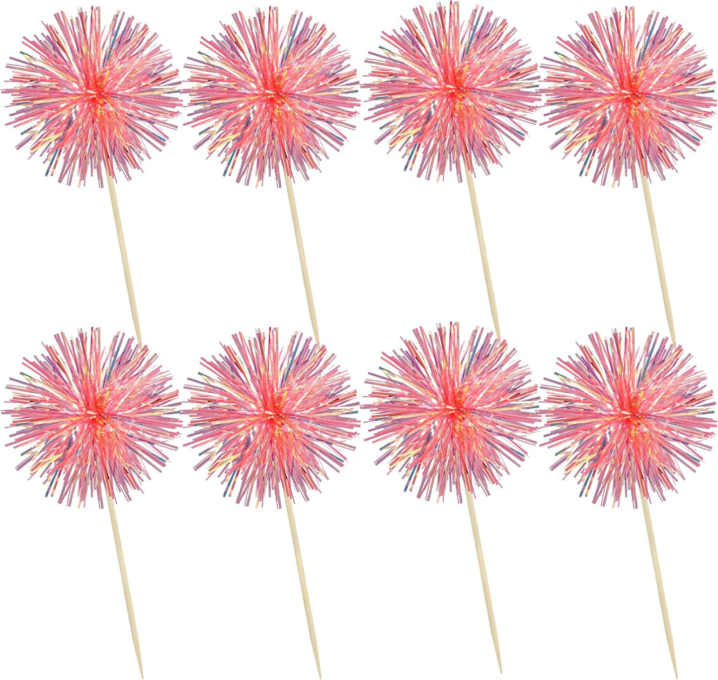 Ephlyn 30Pcs Foil Firework Cupcake Toppers Sparkle Tinsel Cupcake Picks Drink Stirrers Cocktail Food Fruit Toothpicks for Baby Shower Graduation Party Supplies White