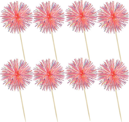 Ephlyn 30Pcs Foil Firework Cupcake Toppers Sparkle Tinsel Cupcake Picks Drink Stirrers Cocktail Food Fruit Toothpicks for Baby Shower Graduation Party Supplies White