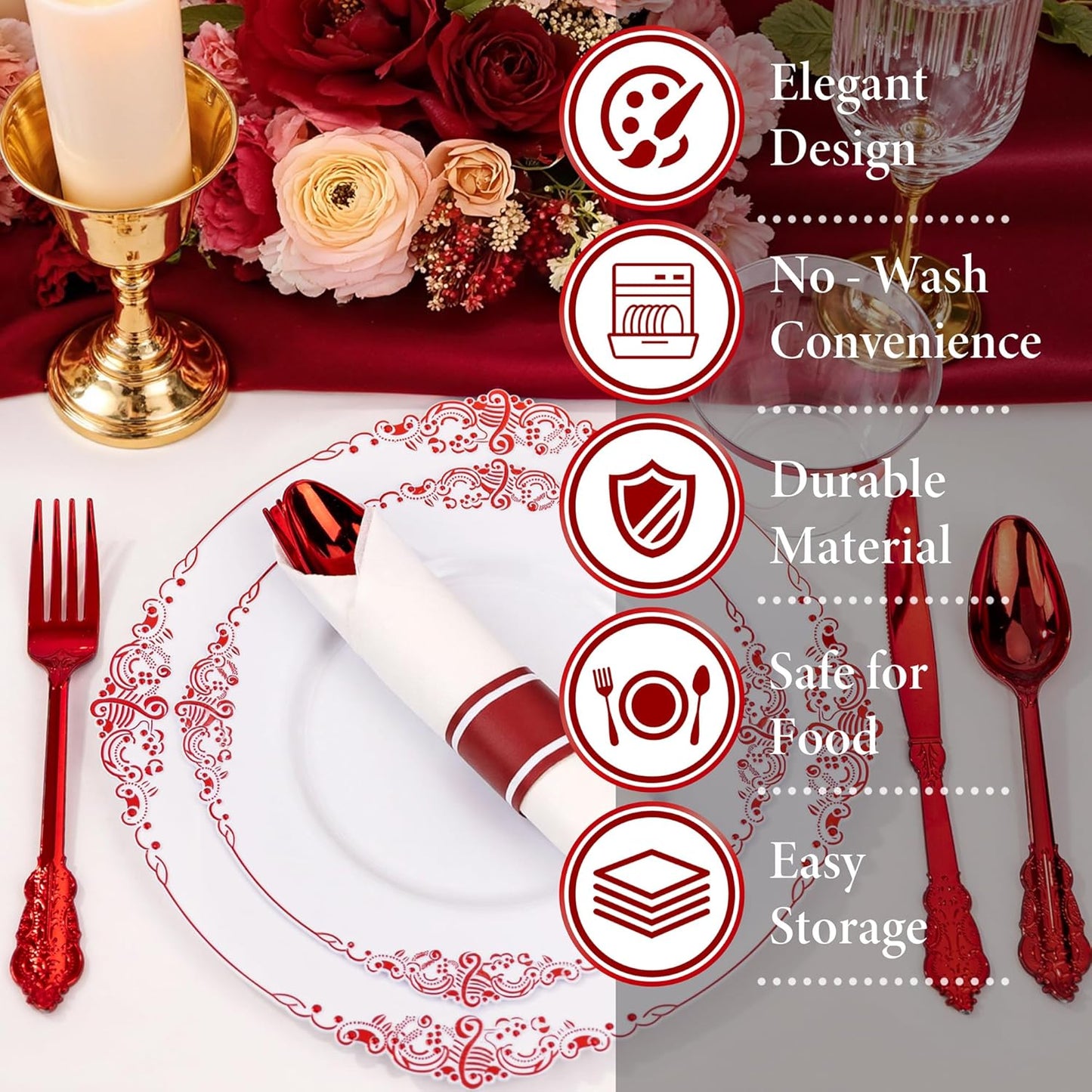 Nervure 350PCS Gold Plastic Plates - Gold Plastic Dinnerware Sets for 50 Guests - 100 Disposable Plates, 150 Silverware, 50 Cups, 50 Napkins for Wedding & Party & Mothers Day
