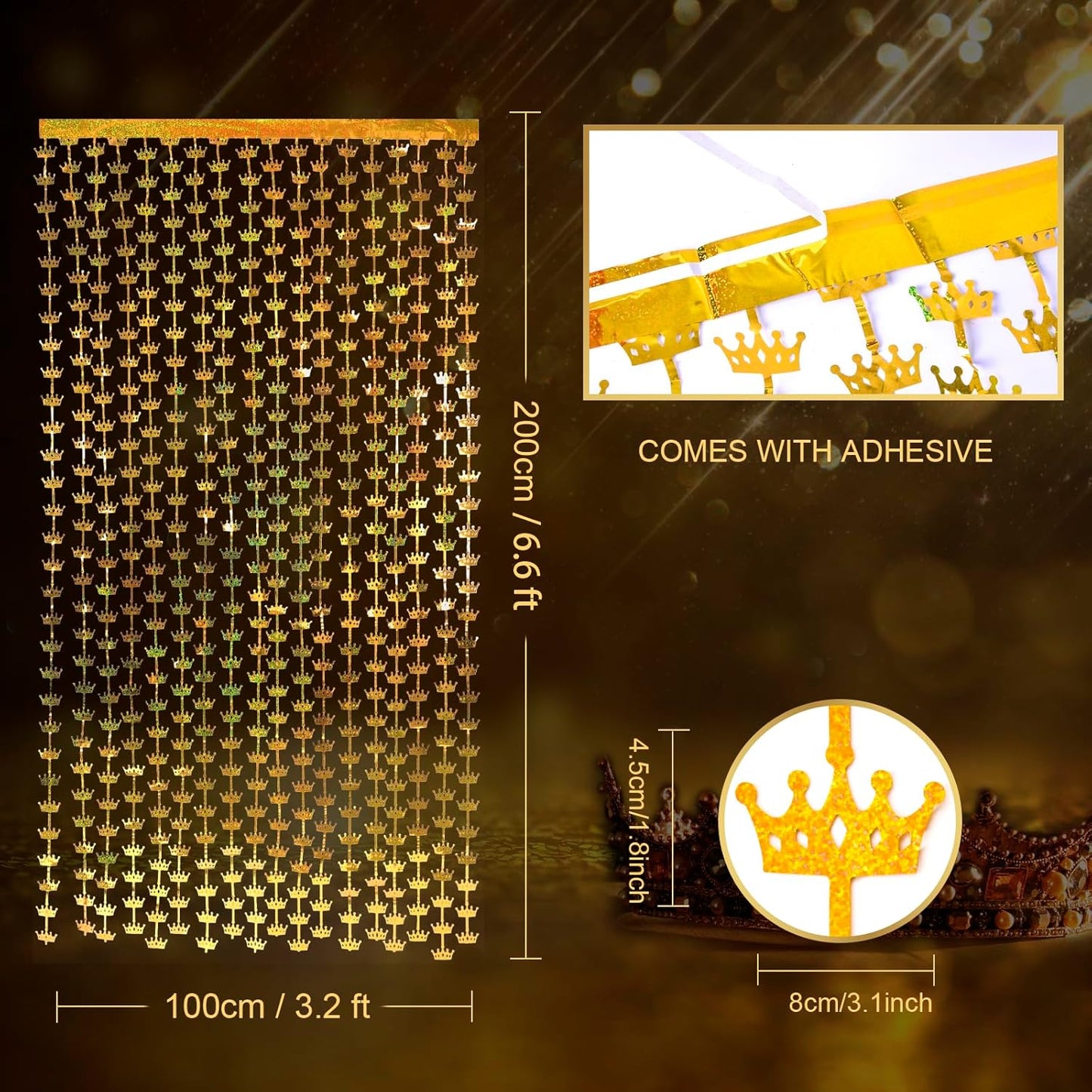 MENSTARSI King Crowns Party Decorations 2 Pack Gold Crown Photo Backdrop, 3.3x6.6ft Golden Foil Fringe Curtains Photo Booth Props for Men 1st 40th 50th Birthday Wedding Graduation Anniversary Decors