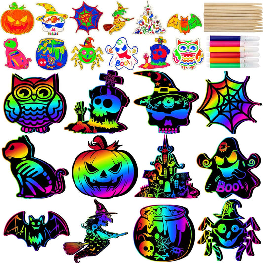 Natonhi Halloween Crafts Scratch Art, 96PCS Halloween Games Magic Rainbow Scratch Paper Off Cards Set for Sudent Classroom Activities Crafts Party Favors