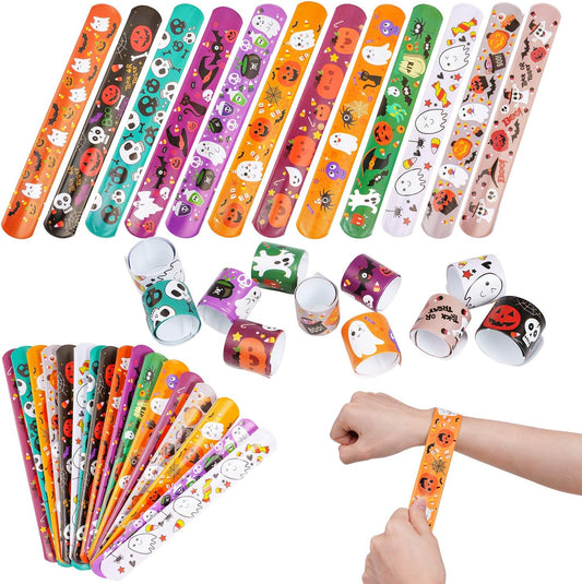 CCINEE 48pcs Halloween Slap Bracelets Assorted Bulk Pumpkin Zombie Witches Snap Bracelet Wristbands for Kids Halloween Party Gift Bag Filler Supply…