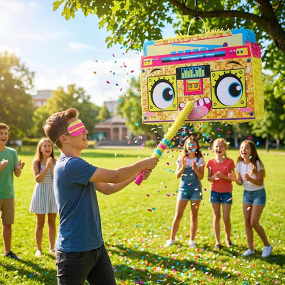 Rock and Roll Skeleton Piñata with Headphones Design Blindfold Hitting Stick Confetti for Music Themed Birthday Party (15.56 x 13.19 x 2.76 inch)