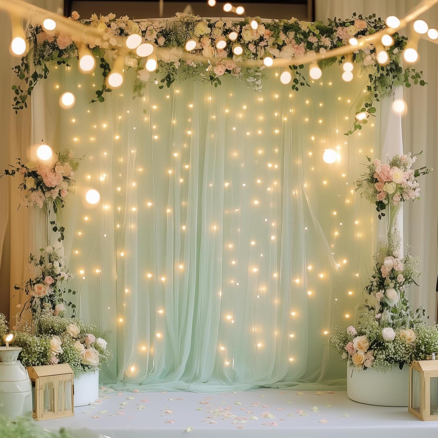 Fomcet Tulle Backdrop Curtains with Lights String White 10FT X 8FT Sheer Curtain with Lights Tulle Curtains Backdrop for Wedding Birthday Party Baby Shower Photo Shoot (2 Panels 5x8FT)