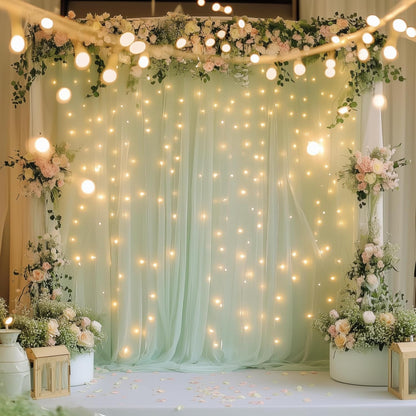 Fomcet Tulle Backdrop Curtains with Lights String White 10FT X 8FT Sheer Curtain with Lights Tulle Curtains Backdrop for Wedding Birthday Party Baby Shower Photo Shoot (2 Panels 5x8FT)