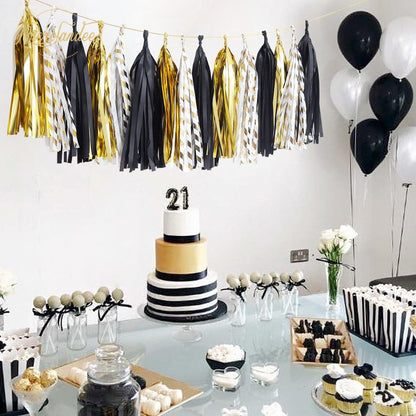 NICROLANDEE Black Gold Graduation Party Decorations, 15PCS Black Gold Tissue Paper Tassel Garland for Birthday, Wedding, Bridal Shower, Bachelorette Party, 2026 New Year's Eve Party Supplies