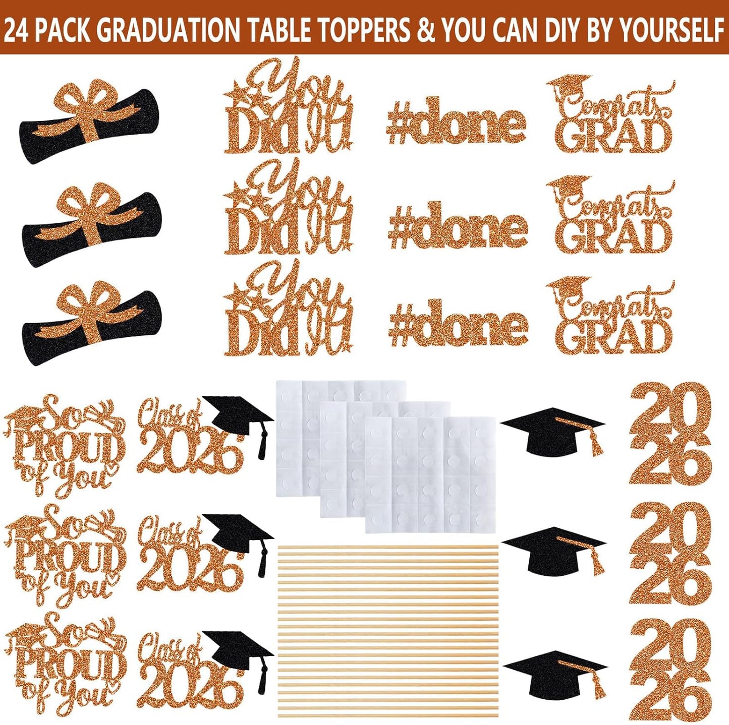 24Pcs 2026 Graduation Table Centerpieces Gold, Graduation Centerpieces for Tables 2026 Gold Class of 2026 Graduation Centerpiece Sticks for 2026 Graduation Party Table Decorations Gold