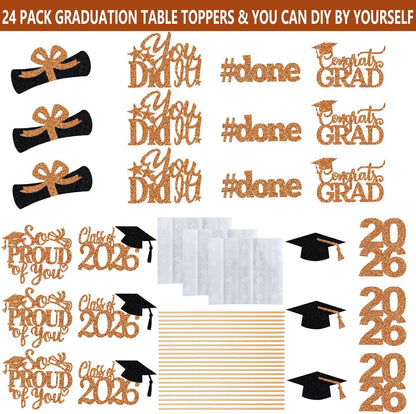 24Pcs 2026 Graduation Table Centerpieces Gold, Graduation Centerpieces for Tables 2026 Gold Class of 2026 Graduation Centerpiece Sticks for 2026 Graduation Party Table Decorations Gold