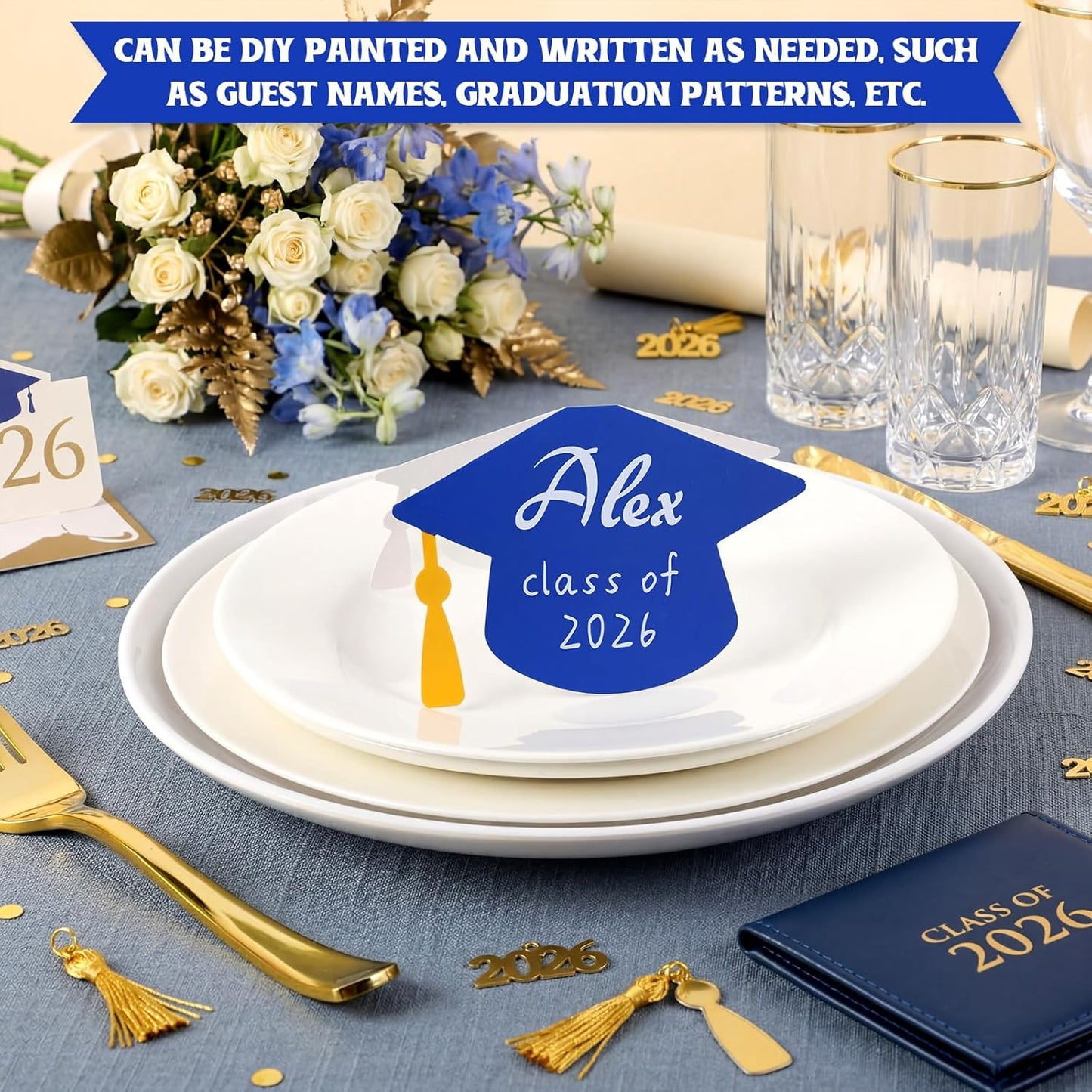 Colarr 2026 Graduate Place Cards with 2 Silver Marker Pen 50 Pcs Black Grad Caps Buffet Food Labels Congrats Grad Folded Tent Name Cards for Graduation Party Table Setting Decorations Supplies