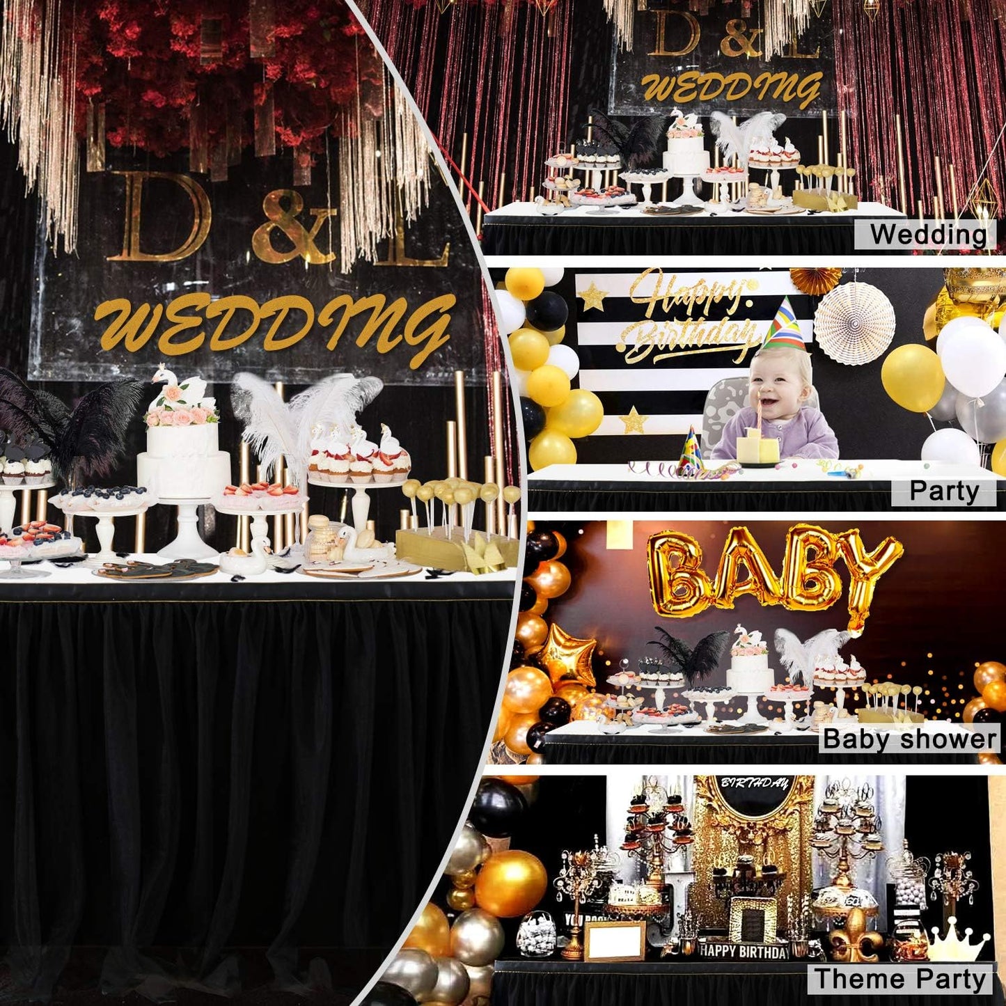 72inch Champagne Gold Tulle Table Skirts for Rectangle Round Tables, Gold Grim Ruffle Tulle Tutu Cloth Table Skirt 6ft for Wedding Birthday Party Cake Dessert Decor(No Top Cover)