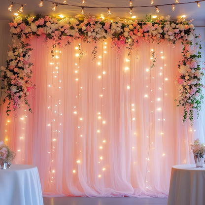 Fomcet Tulle Backdrop Curtains with Lights String White 10FT X 8FT Sheer Curtain with Lights Tulle Curtains Backdrop for Wedding Birthday Party Baby Shower Photo Shoot (2 Panels 5x8FT)