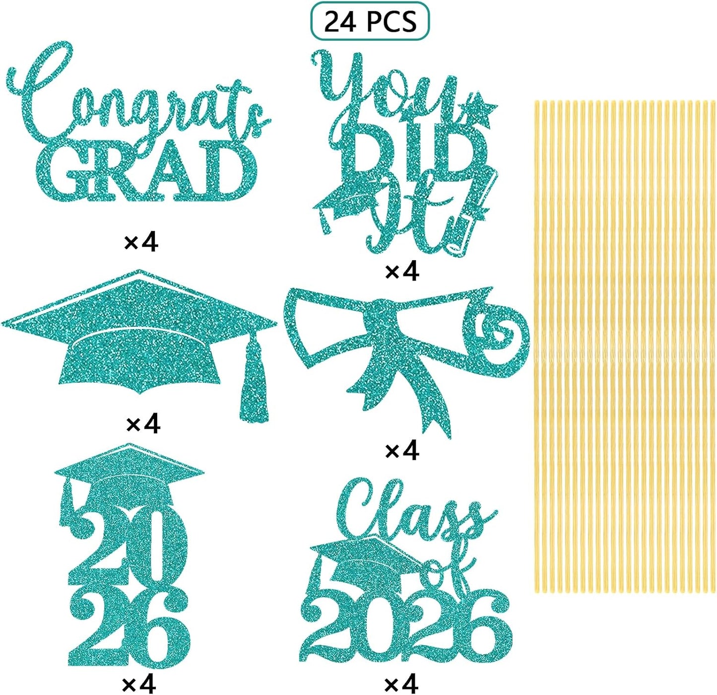 Graduation Centerpiece Sticks 24PCS Glitter Grad Picks Party Table Decor Senior High School College Sign Gold