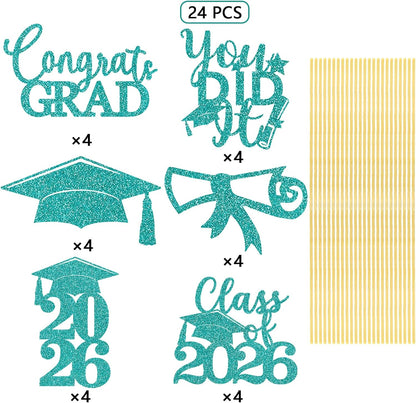 Graduation Centerpiece Sticks 24PCS Glitter Grad Picks Party Table Decor Senior High School College Sign Gold