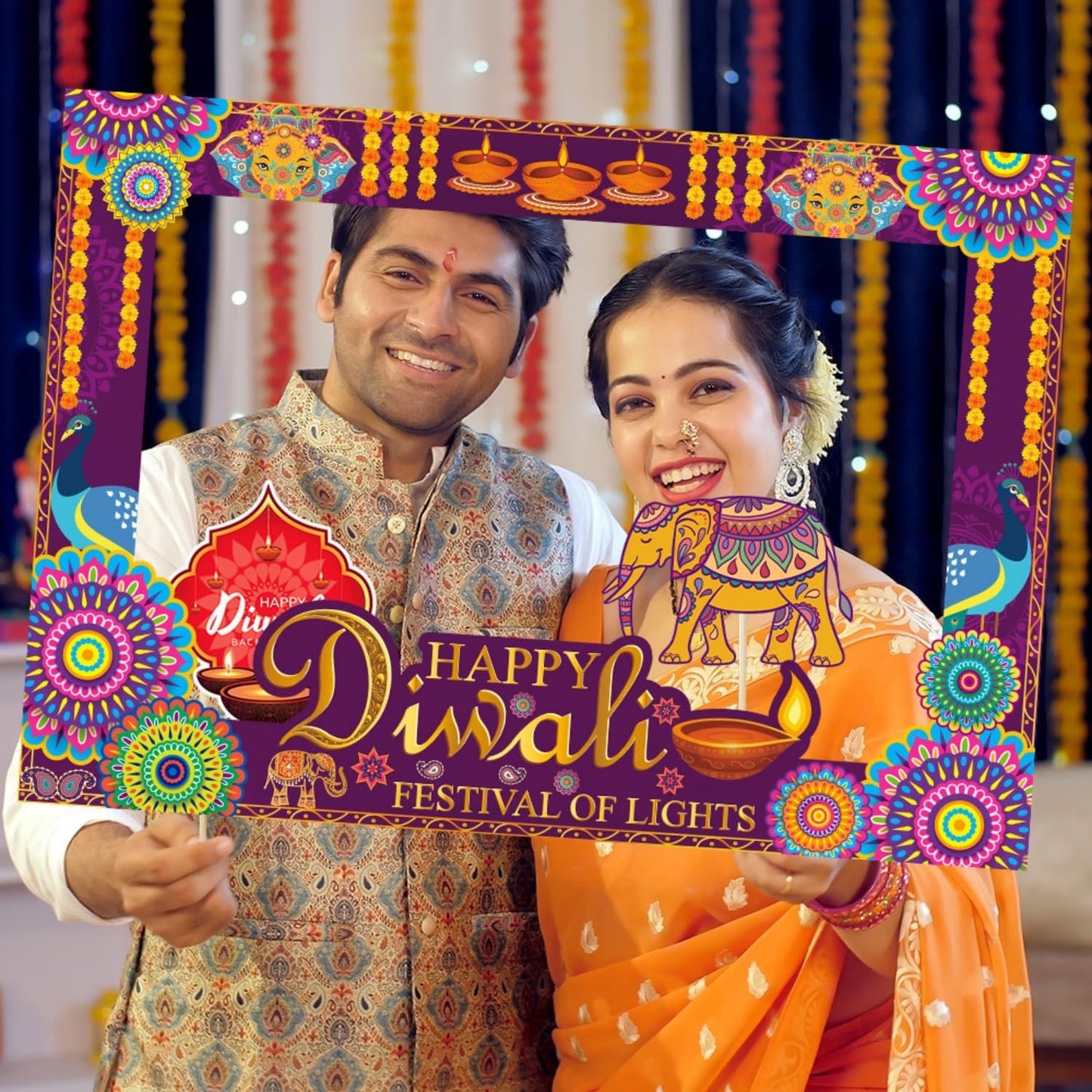 KYMY Happy Diwali Party Photo Booth Props Set, 1pc Deepavali Rangoli Selfie Frame with 20pcs Photo Booth Props, India Festival of Lights Party Favors for Hindu Diwali Themed Decorations Supplies