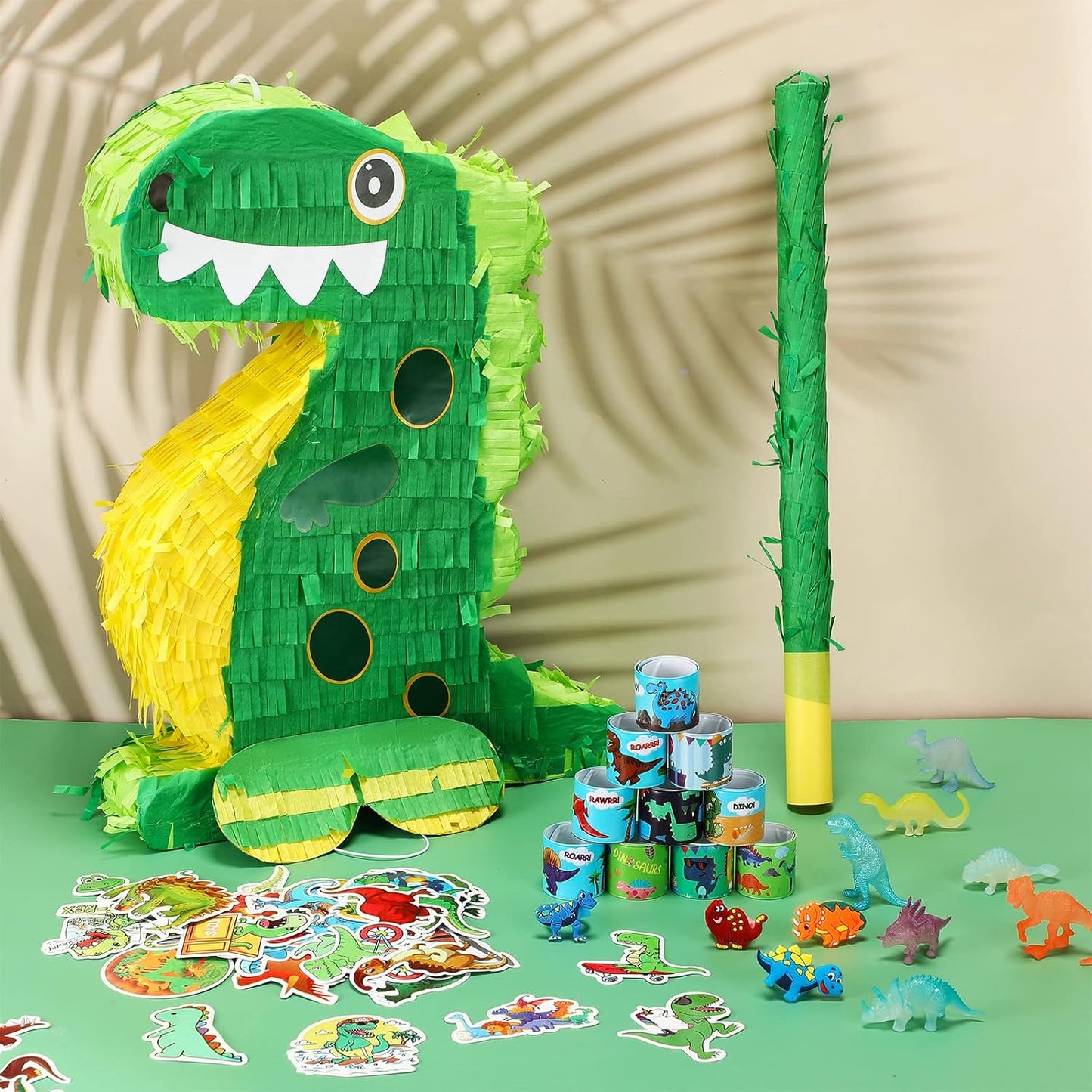 Hanaive 141 Pcs Dinosaur Piñata for Birthday Party, Dino Piñata Set with Blindfold and Baton, 16 x 12 x 3 Inch, Kids Dinosaur Themed Party Favors for Boys and Girls(Lovely Style)