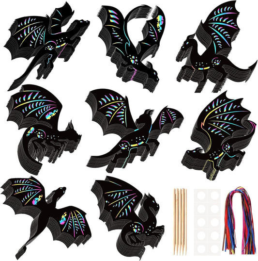 LUUFILx 80 Pcs Dragon Scratch Cards Dragon Birthday Party Decorations Colorful Rainbow Scratch Paper Art with Wooden Stylus for Birthday Party Classroom DIY Activities