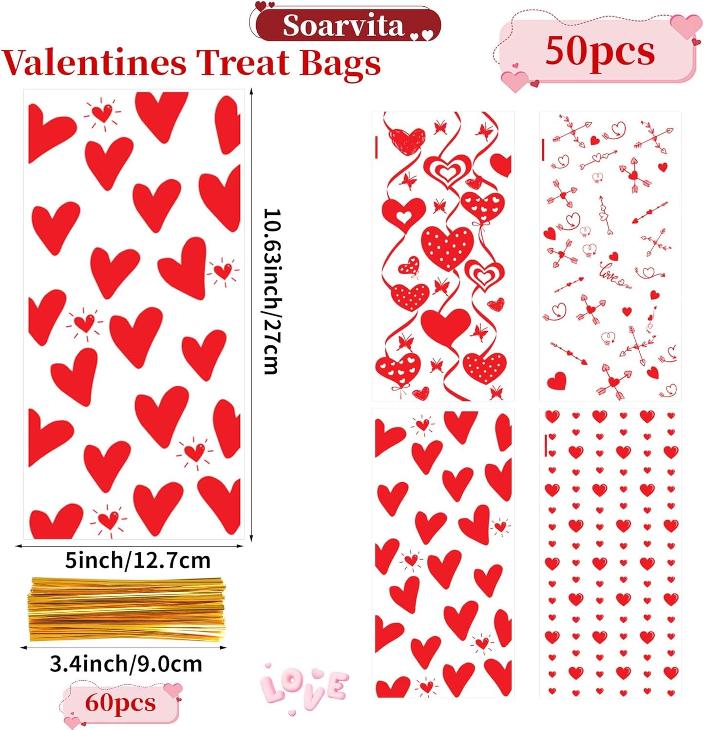 Soarvita Wildflower Cellophane Treat Bags: 50Pack Clear Plastic Floral Goodie Bags with 60 Ties for Cookies Snacks & Gift Packaging, Spring Candy Bag for Baby Bridal Shower Wedding Party Favors