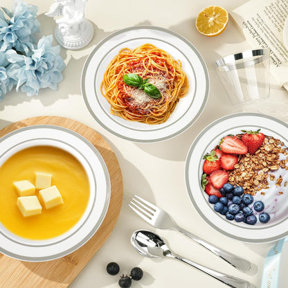 BESTVIP 100 Pack Plastic Bowls with Gold Rim, 12 oz Disposable Soup Bowls, Heavy-duty Dessert Salad Bowl for Party, Wedding, Christmas, Dinner, Catering