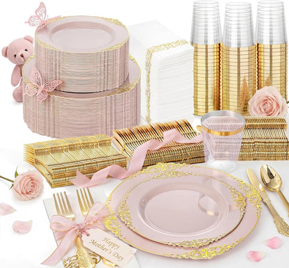 Nervure 350PCS Gold Plastic Plates - Gold Plastic Dinnerware Sets for 50 Guests - 100 Disposable Plates, 150 Silverware, 50 Cups, 50 Napkins for Wedding & Party & Mothers Day