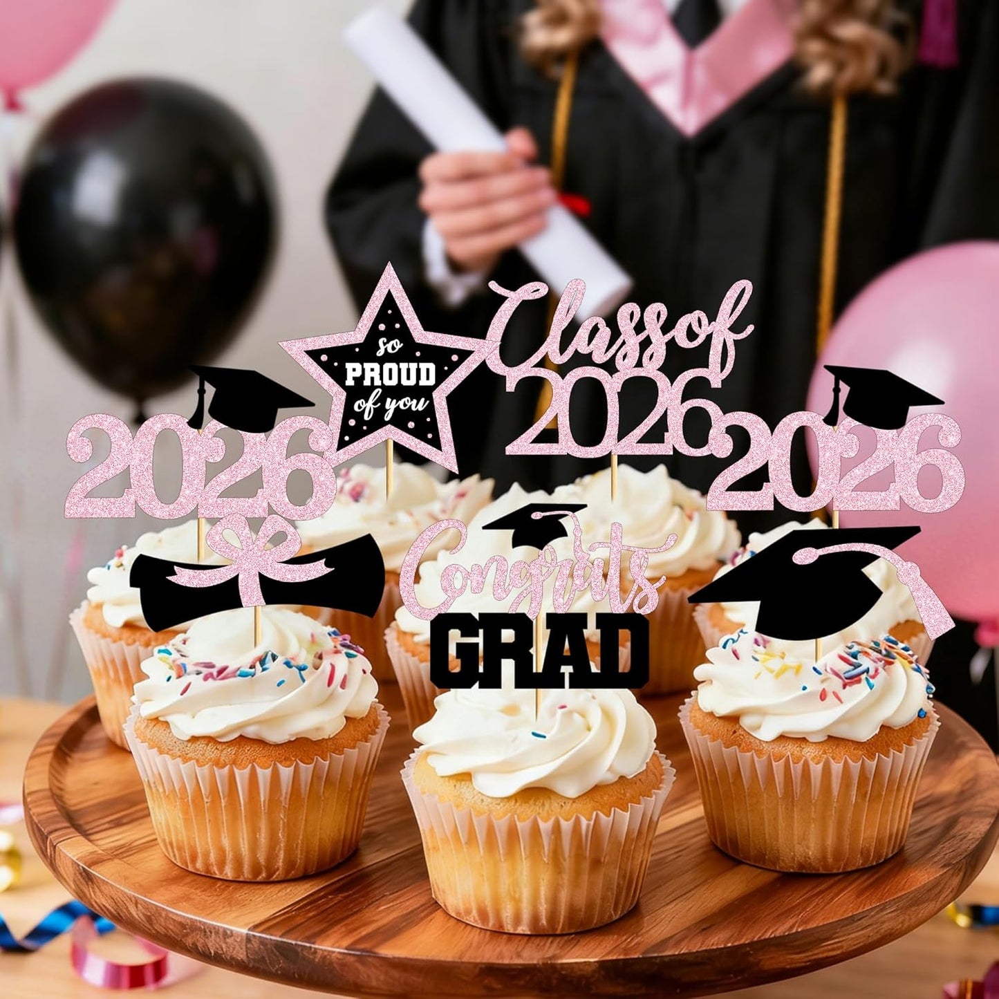 48 PCS Graduation Cupcake Toppers, Glittery 6 Styles Congrats Grad Cake Topper, Black and Red Graduation Decorations 2026, Cap and Diploma Cake Picks for Grad Party Supplies