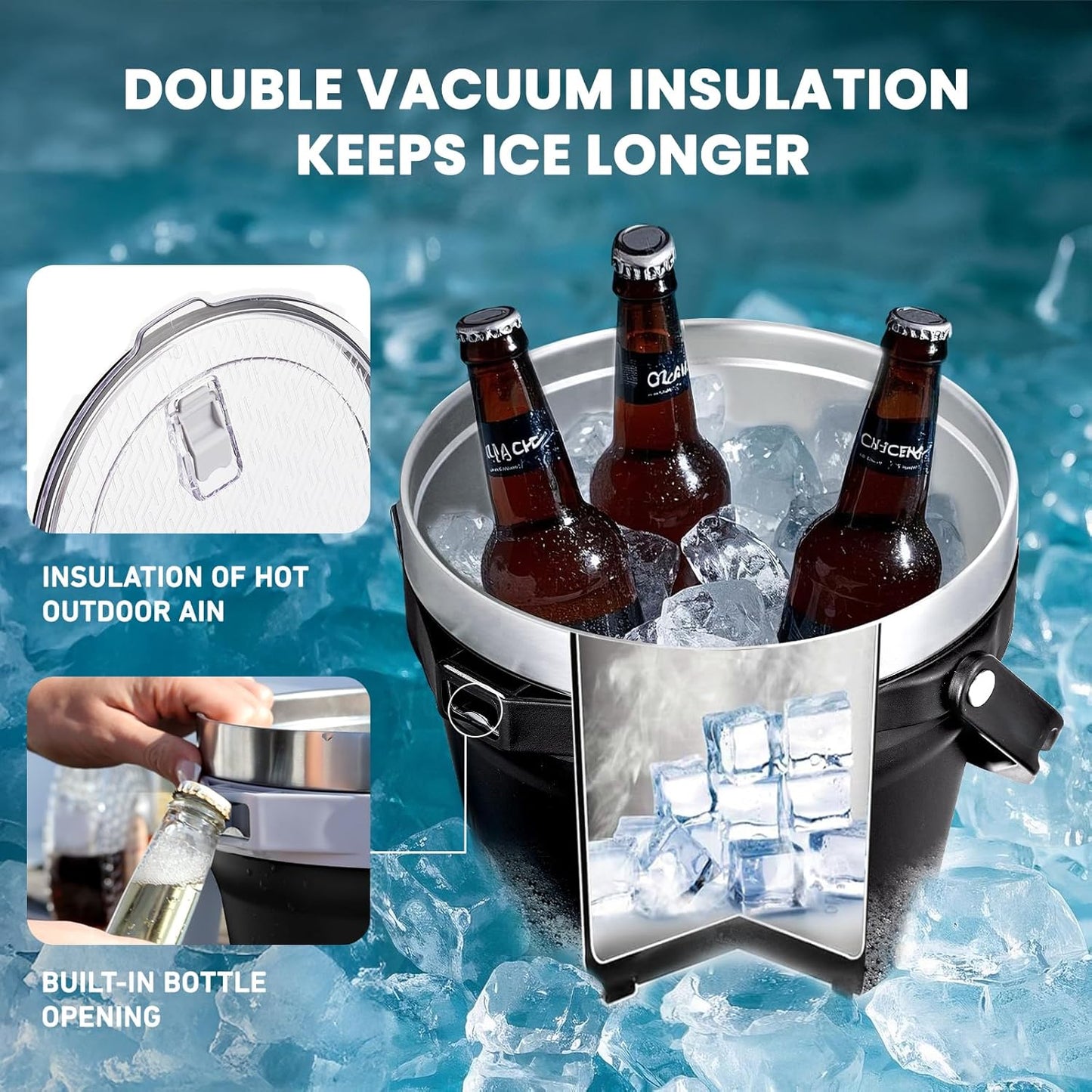 COKTIK 7L Insulated Ice Bucket with Lid，Double Wall Vacuum Stainless Steel Beverage Bucket Keeps Frozen Longer，Holds 6 Longnecks or 3 Bottles of Wine，for Cocktail, Champagne, Large Parties(Blue)