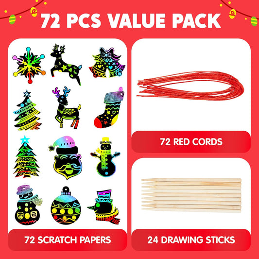 JOYIN 72 Pcs Christmas Scratch Art Ornaments, Scratch Paper Craft Kit Include Snowman, Snowflakes, Christmas Tree, and Reindeer, Rainbow Color Scratch Off Hanging Ornament for Kids Party Favors