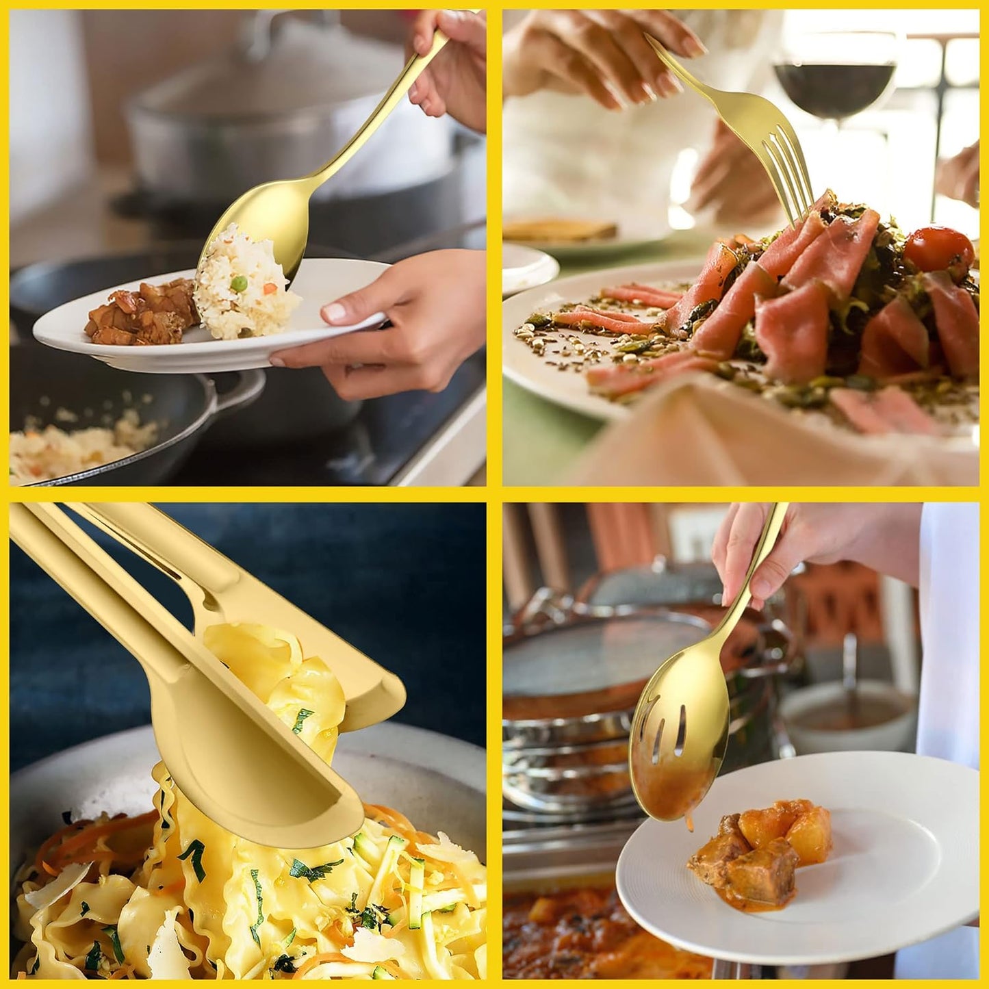 Large Black Serving Utensils Set of 12, E-far Stainless Steel 9.8 Inch Serving Spoons Slotted Spoon, 9.9 Inch Forks, 9.4 Inch Tong for Buffet Catering, Mirror Finish & Dishwasher Safe
