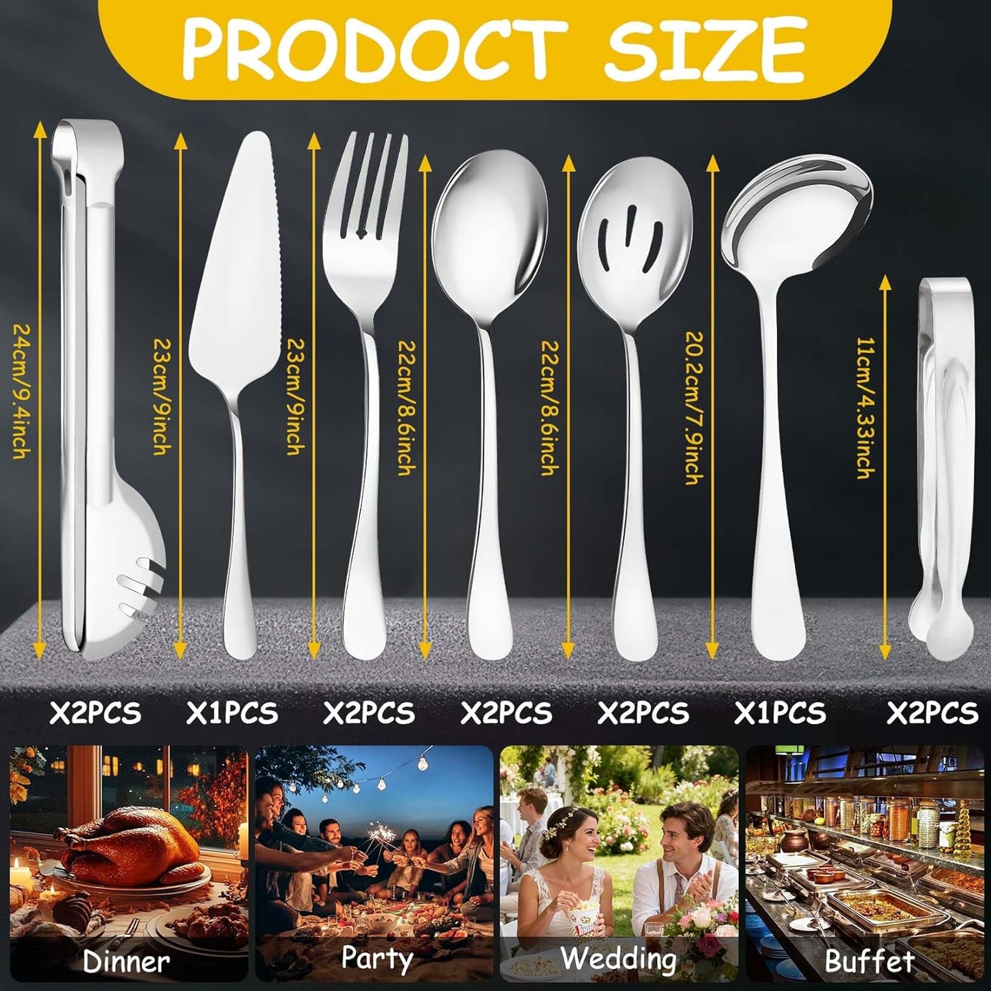 12 Pcs Gold Serving Utensils Set Include Stainless Steel Large Serving Spoons Slotted Spoons Forks Soup Ladle Pie Server - Metal Utensils for Parties Buffet Catering, Dishwasher Safe