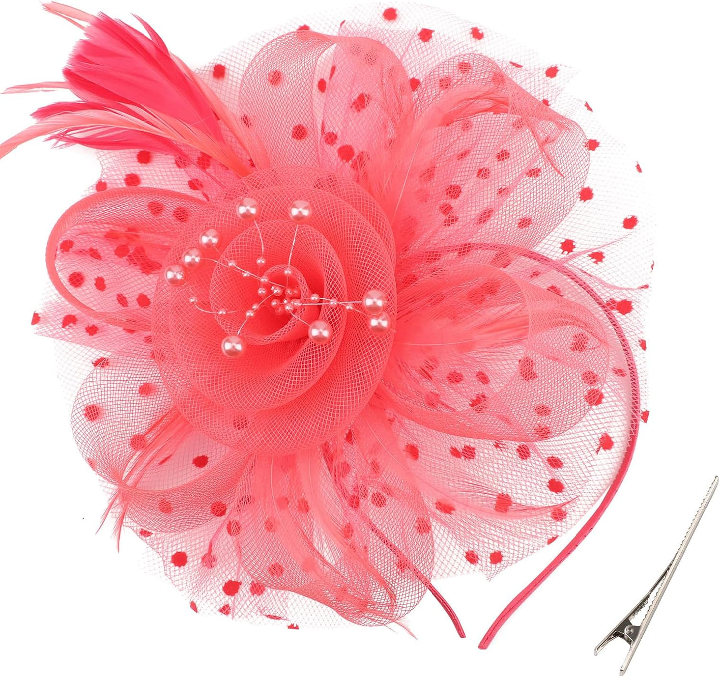 DRESHOW Fascinators Hat Flower Mesh Ribbons Feathers on a Headband and a Clip Tea Party Headwear for Girls and Women - Colors B
