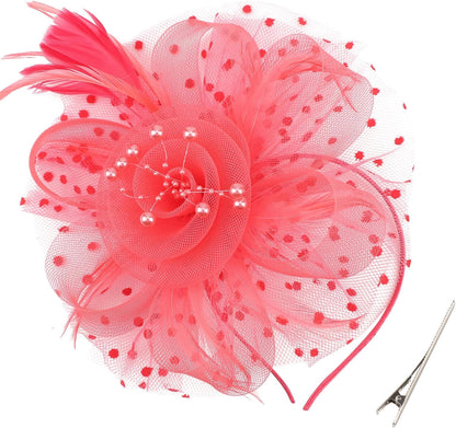 DRESHOW Fascinators Hat Flower Mesh Ribbons Feathers on a Headband and a Clip Tea Party Headwear for Girls and Women - Colors B