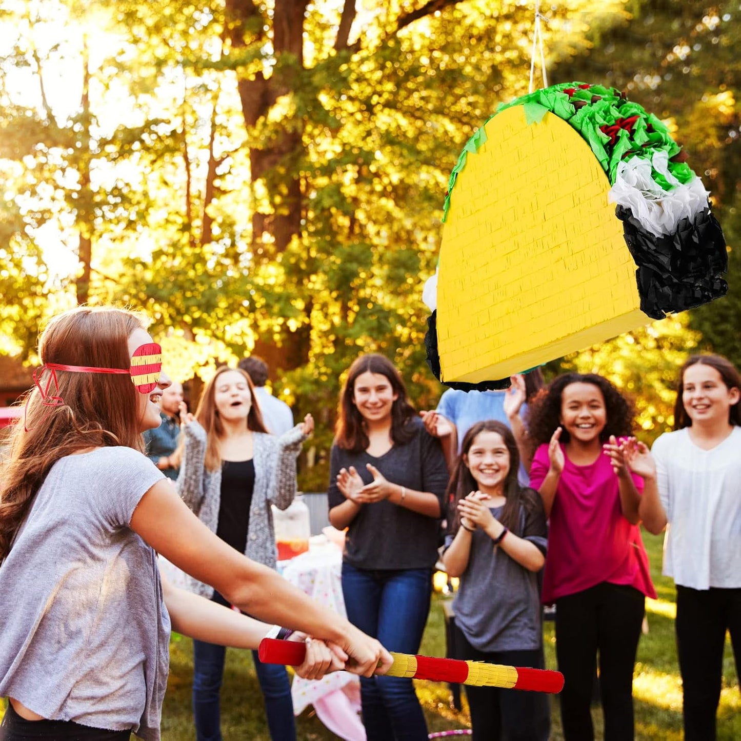 Mini Taco Piñata Mexican Decorations Taco Party Supplies Fiesta Cinco De Mayo Party Decorations with Wooden Stick Paper Blindfold Confetti Set for Adults Girls and Boys, 15.8x 10.3 x 2.8 Inch