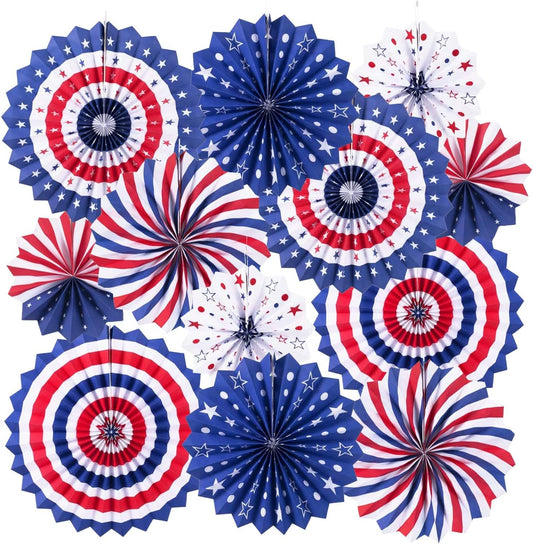4th of July Patriotic Decorations Red White Blue Hanging Paper Fans for American Fourth of July Memorial Day Independence Day Veterans Day Party Decor Supplies Set of 12