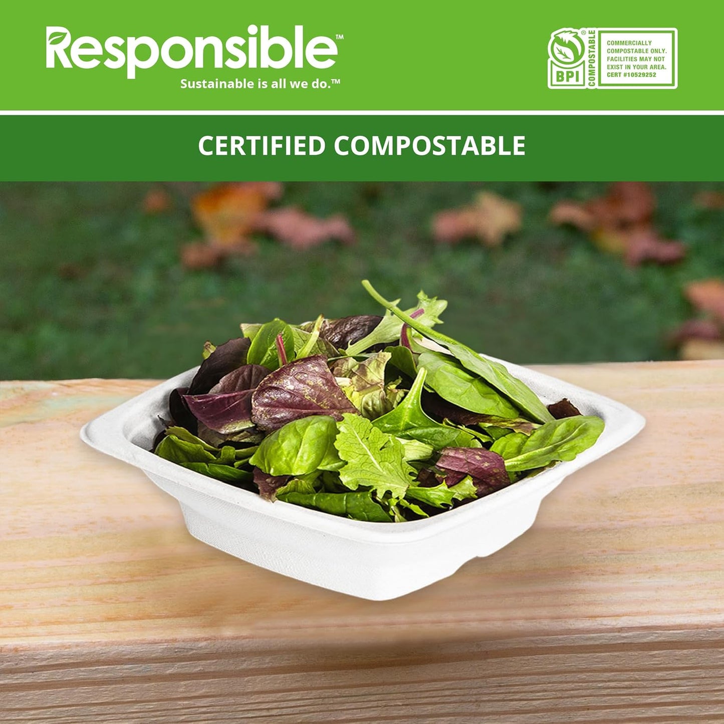 Responsible Products 100% Compostable Square Serving Bowls, 48 oz Disposable Paper Bowls, Microwave Safe, Freezer Safe, Soup Safe, No Plastic, Eco-Friendly, Tree-Free, No PFAS. White (50 Count)