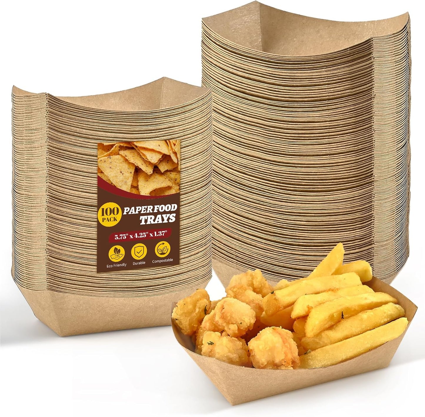 Ocmoiy 1lb Paper Food Trays, 100 Pack Heavy Duty Kraft Food Boats Holders Disposable Serving Basket Trays for Nachos, Fries, BBQ, Festivals, Party