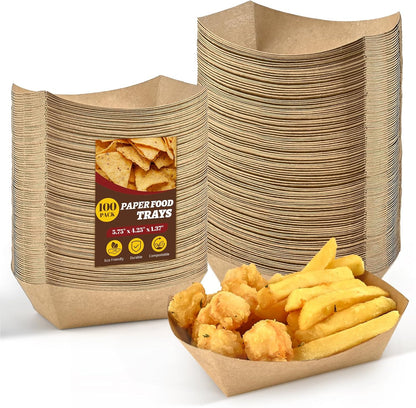 Ocmoiy 1lb Paper Food Trays, 100 Pack Heavy Duty Kraft Food Boats Holders Disposable Serving Basket Trays for Nachos, Fries, BBQ, Festivals, Party