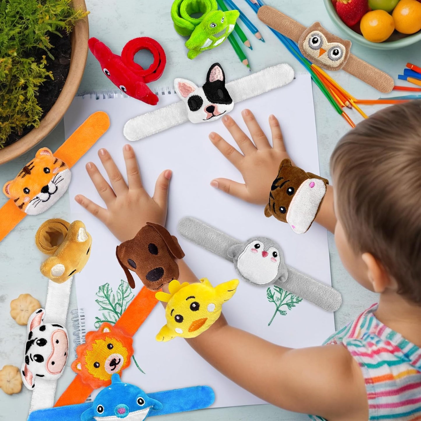 XIPEGPA 16 PCS Stuffed Animal Slap Bracelets Set Animal Farm Ocean and Jungle Plush Slap Bracelets Cute Wrist Band Toy for Party Favors 16 Styles