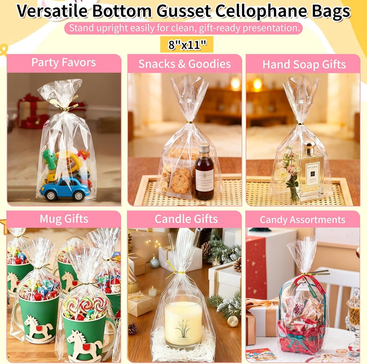 Soarvita 7x10 Inch Cellophane Treat Bags, 50 Pcs Clear Gift Bags with Bottom Gusset for Stand-Up Display, Cellophane Gift Wrap with 60 Gold Ties for Goodies, Treats, Candy, Party Favors, Toys