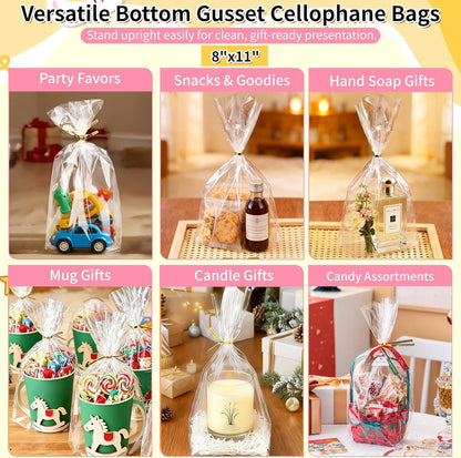 Soarvita 7x10 Inch Cellophane Treat Bags, 50 Pcs Clear Gift Bags with Bottom Gusset for Stand-Up Display, Cellophane Gift Wrap with 60 Gold Ties for Goodies, Treats, Candy, Party Favors, Toys