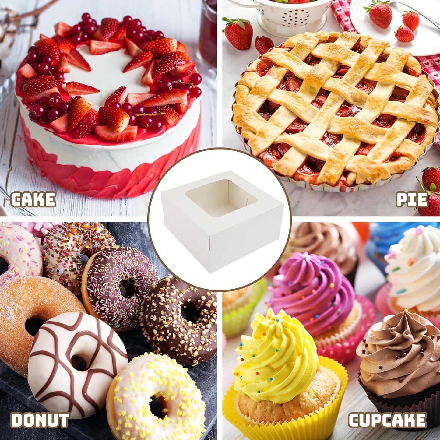 Moretoes 24pcs Cake Boxes, 10x10x5 Inches White Square Bakery Boxes with Window Cajas Pasteles for Cake, Mother's Day, Pastries, Chocolates, Cookies, Pie, Birthday Party, Wedding, Graduation
